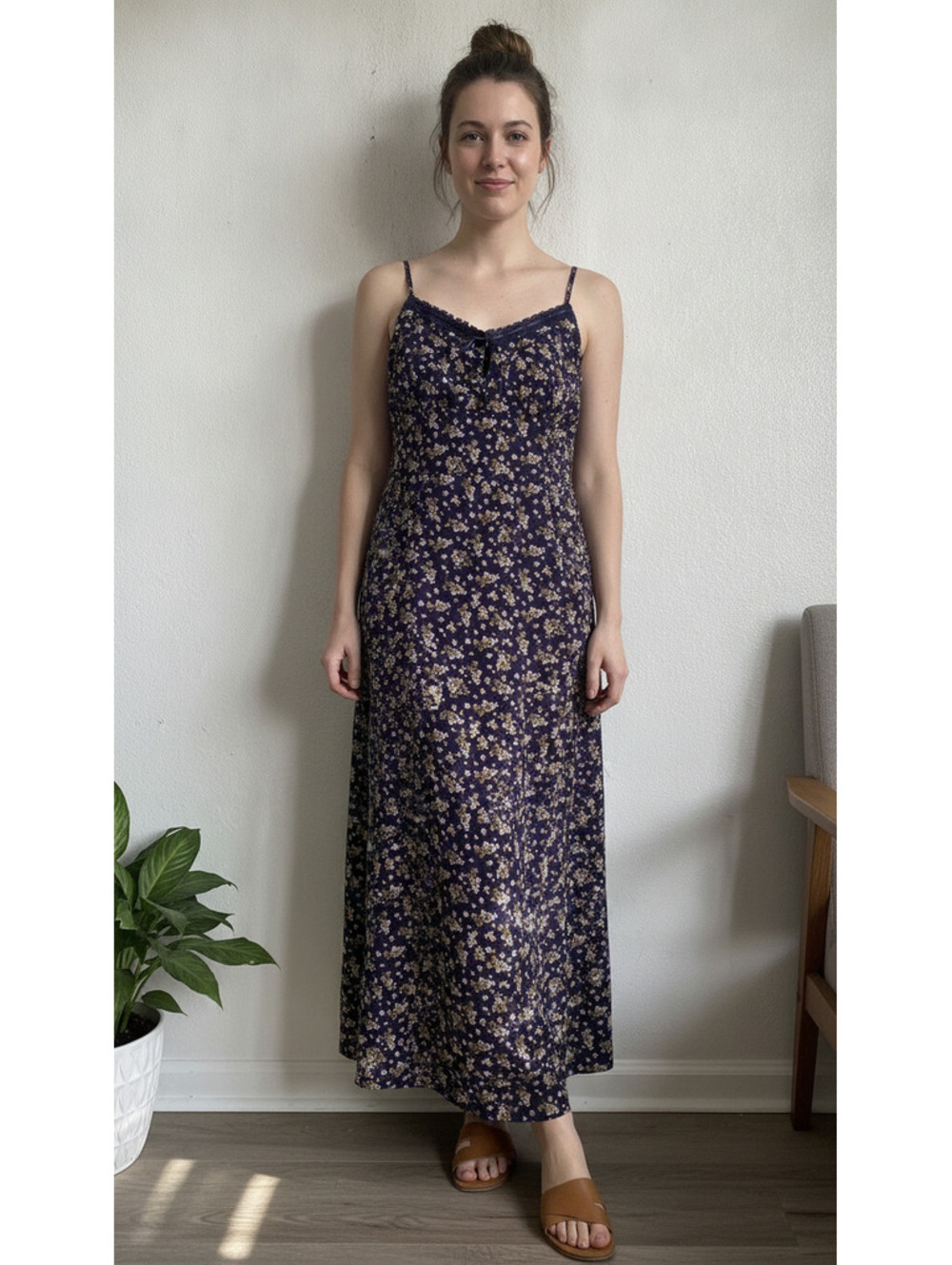 Blu pepper ditsy Floral navy empire waist Sleeveless Maxi Dress S whimsigoth